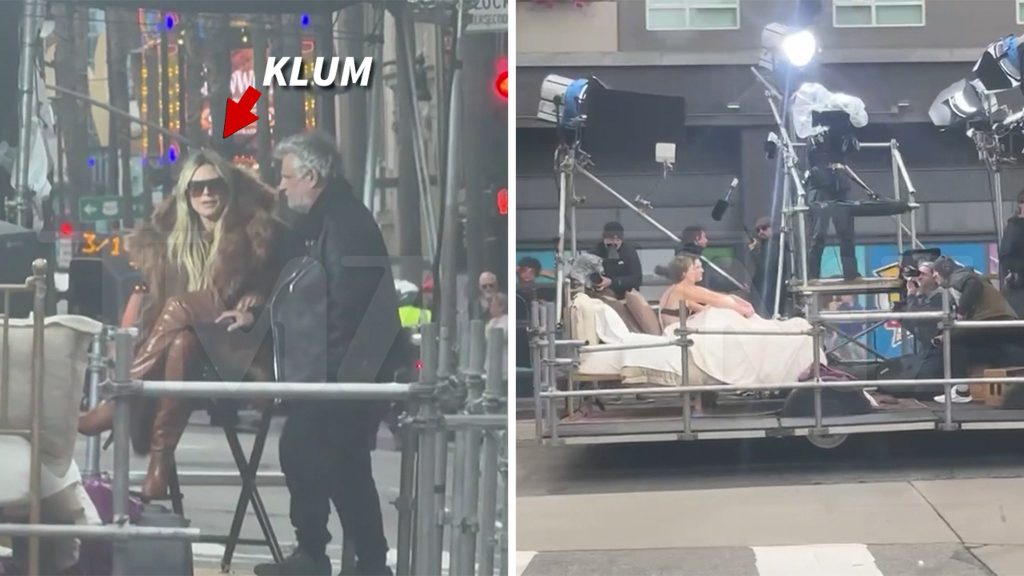 Heidi Klum melihat sementara model berpose di pakaian dalam di truk flatbed